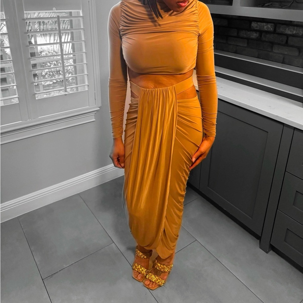 Almond Ruched Two-Piece Slit Skirt Set
